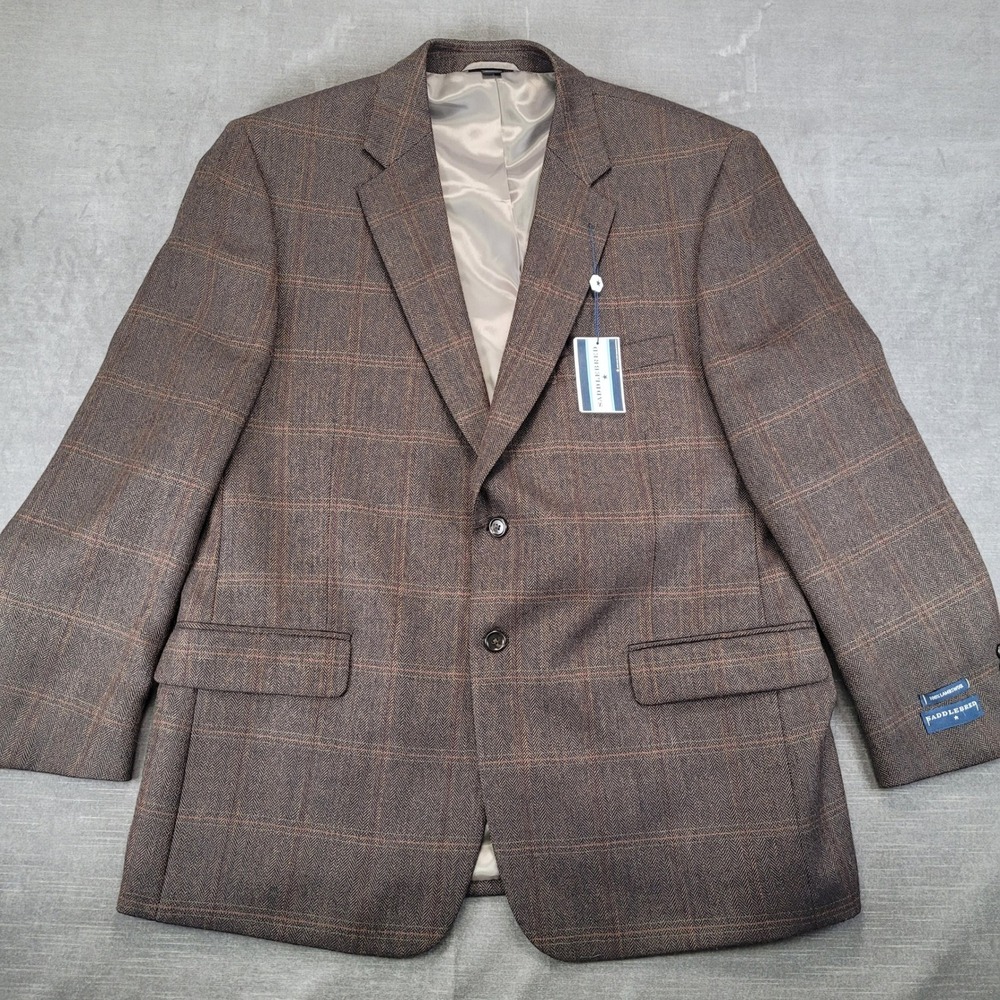 Saddlebred Mens 46R Blazer Brown Plaid 100% Lambswool Sport Coat New‎